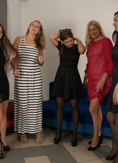 Five old and young nymphos sharing one hard cock