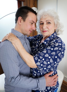 Horny toy boy playing around with a hairy granny