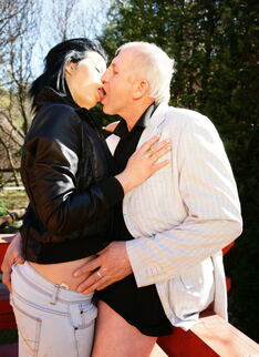 Naughty Babe Fucking And Sucking A Dirty Old Man Outside