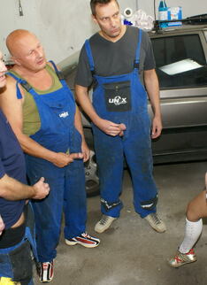 Hot Teen Takes On A Garage Full Of Horny Old Men