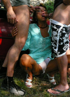Matue Slut Sucking Two Cocks On A Parkinglot