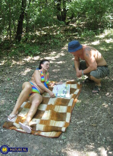 Stranger gets to fuck 62 year old unshaved grandma Adela in the forest and she's loving it!