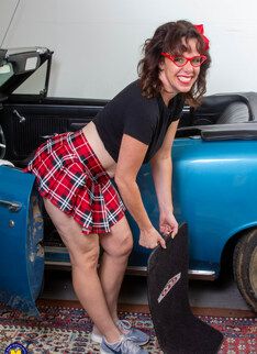 naughty mom loves dressing up as a teen and get wet in her husbands car