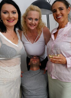 Three horny mature sluts share one lucky guy with a hard cock