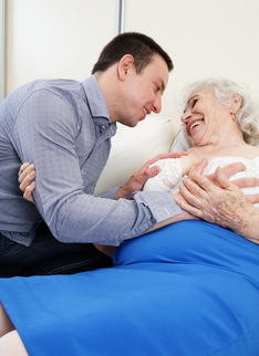 Horny toy boy playing around with a hairy granny