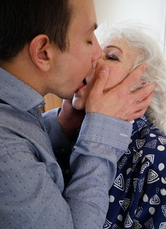 Horny toy boy playing around with a hairy granny